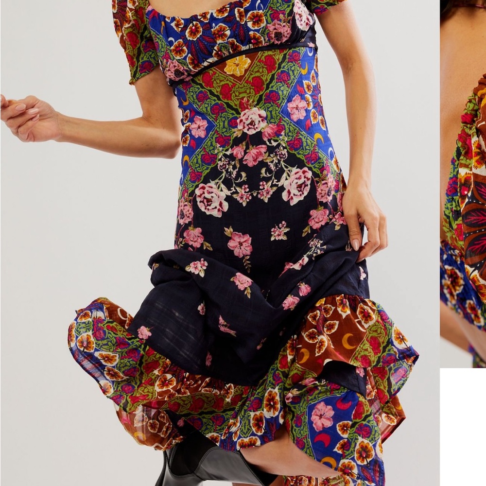 Free People Floral Midi Dress - Black, Pink, Green - Picture 3 of 6